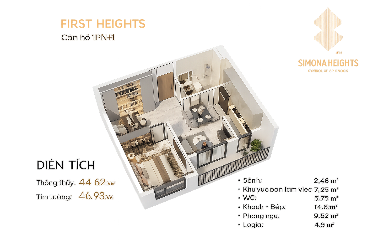 Thiết kế căn hộ 1PN Simona Heights