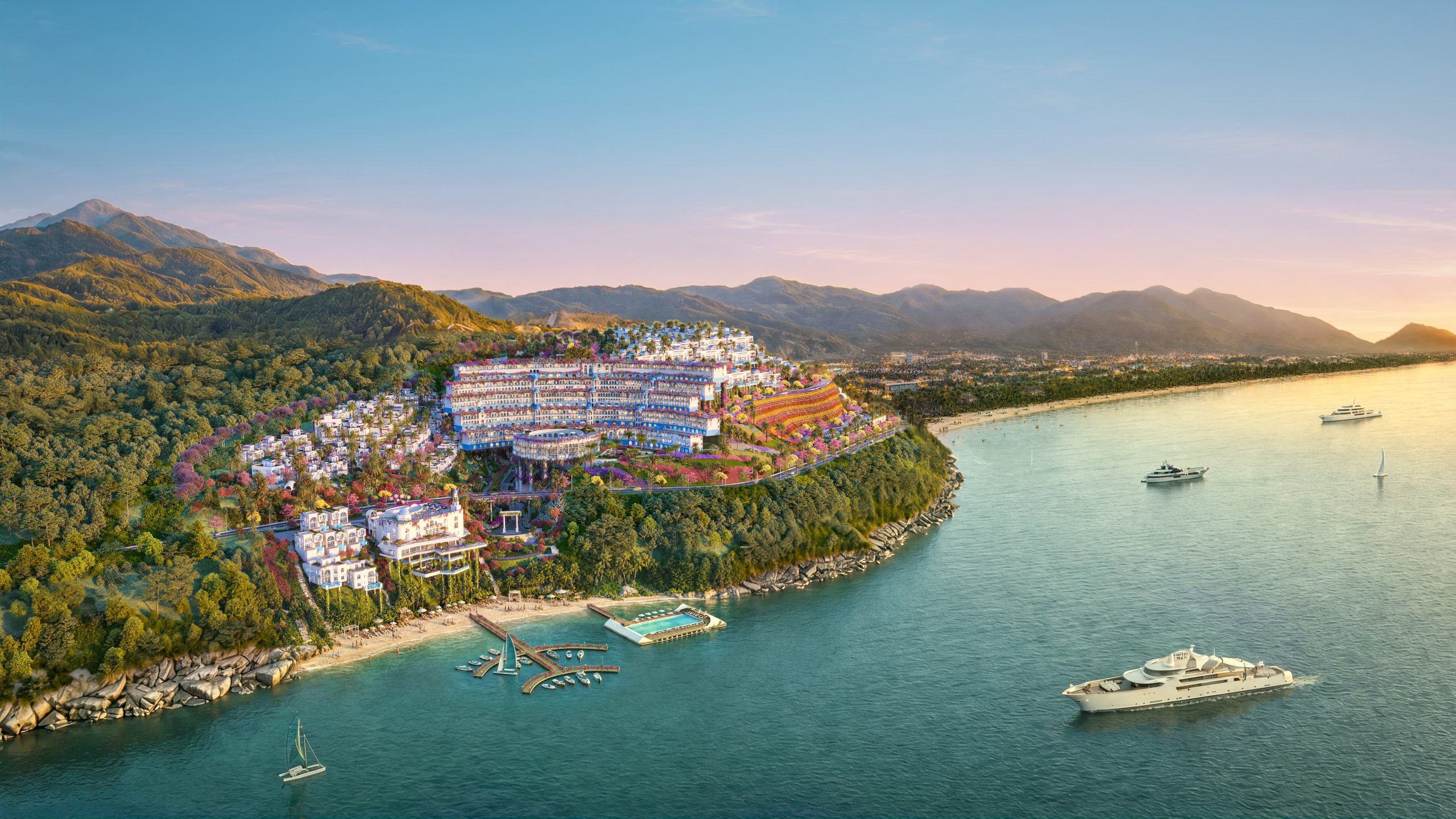 Tổng thể kiến trúc Santorini The Hera Resort Quy Nhơn nhìn từ xa lúc bình minh