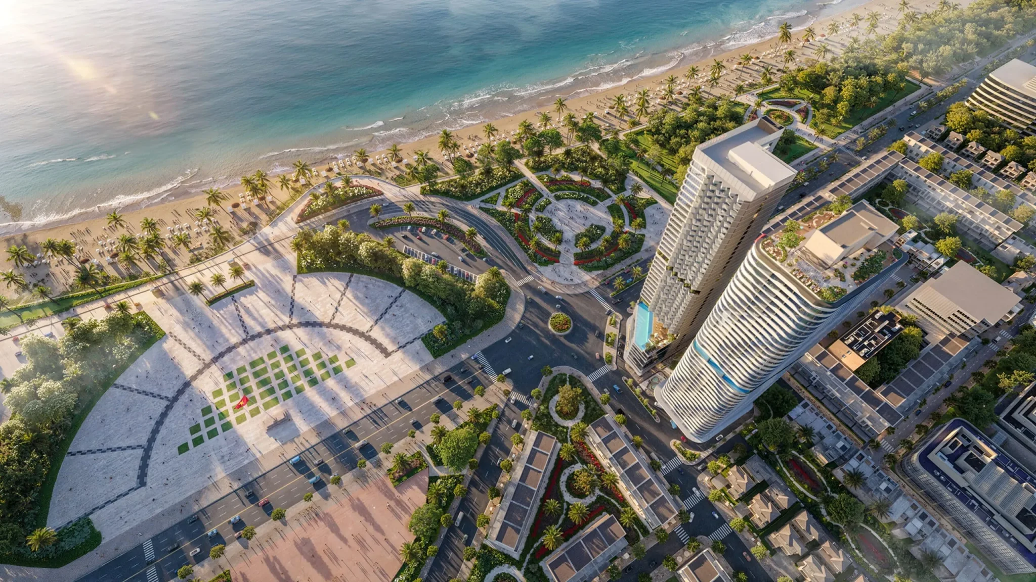 Toàn cảnh tiện ích podium Q'Terra Quy Nhơn — hồ bơi, vườn sky garden và không gian nghỉ dưỡng nhiều tầng