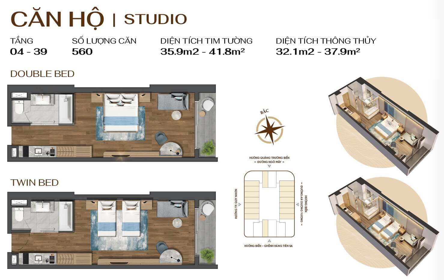 Mặt bằng căn hộ Studio Q'Terra Quy Nhơn — layout 32-40m²