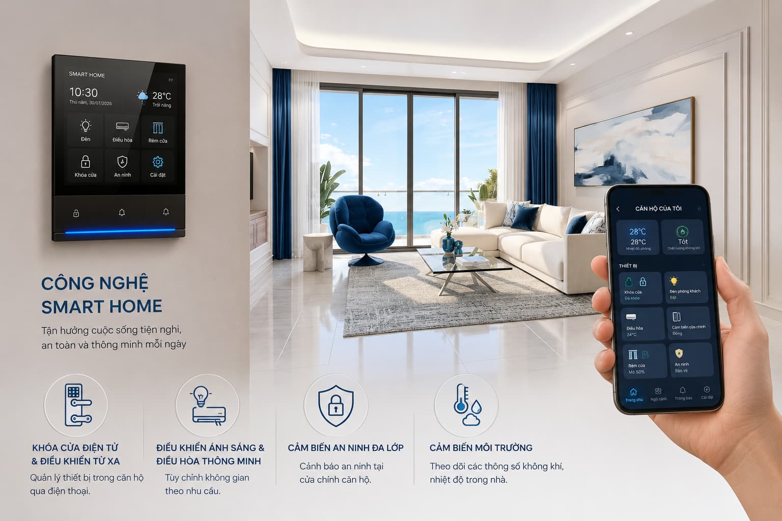 Hệ thống Smart Home Q'Terra Quy Nhơn — bảng điều khiển và app điều khiển từ xa các thiết bị trong căn hộ