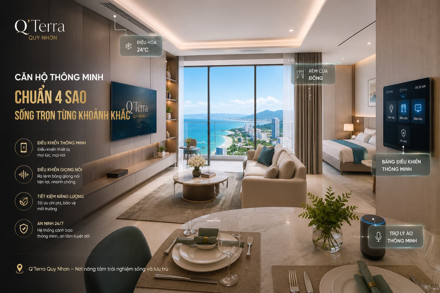 Căn hộ Smart Home Q'Terra Quy Nhơn — bàn giao hoàn thiện nội thất chuẩn 4 sao, tích hợp nhà thông minh