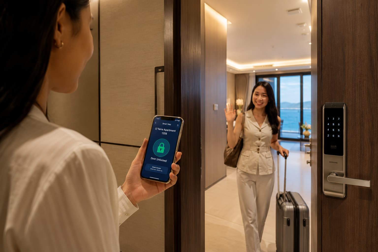 Khóa thông minh Smart Lock căn hộ Q'Terra Quy Nhơn — điều khiển từ xa, check-in không tiếp xúc cho khách thuê