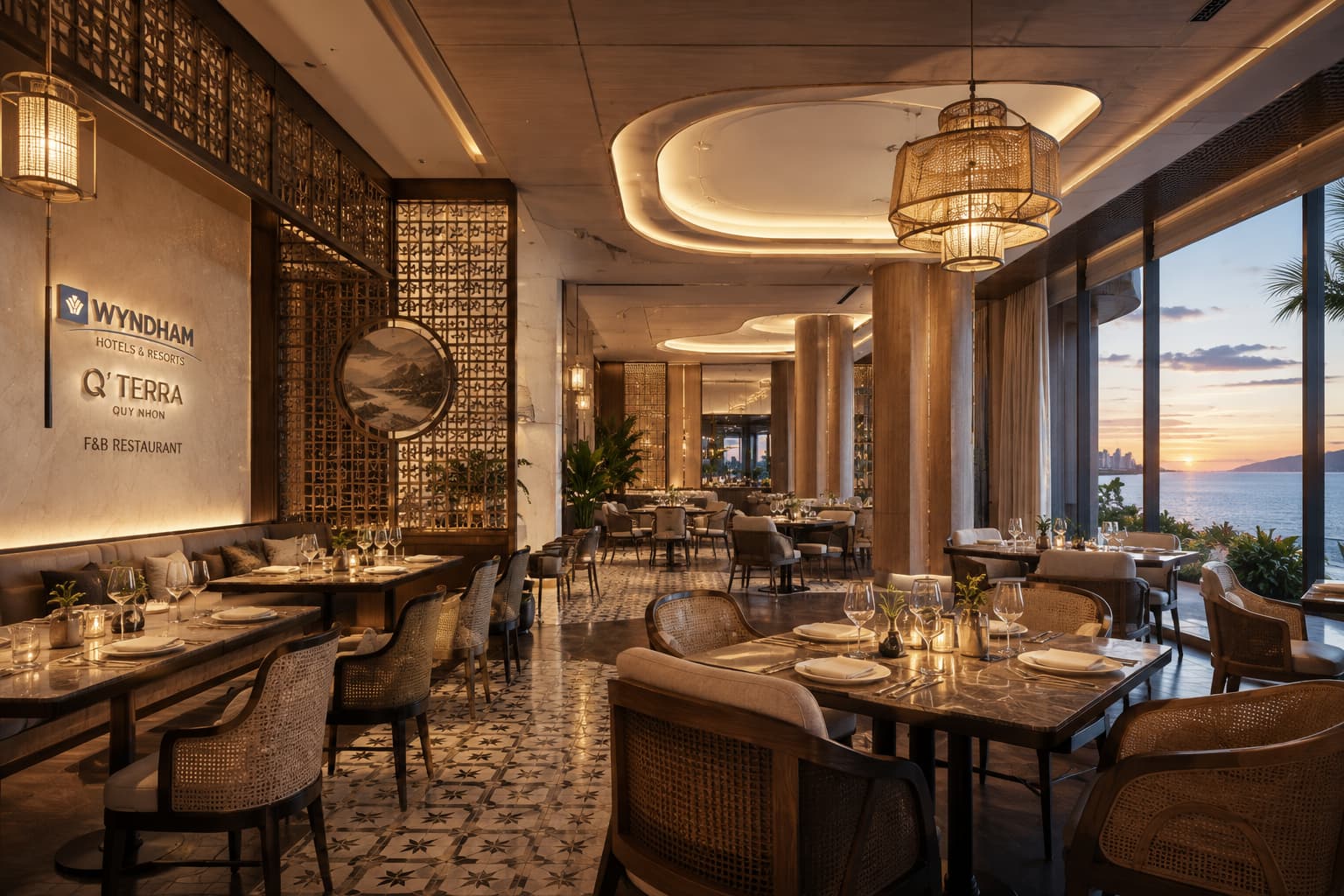 Nhà hàng Á–Âu chuẩn Wyndham tại khối đế Q'Terra Quy Nhơn — fine dining phục vụ cư dân và khách thuê cao cấp