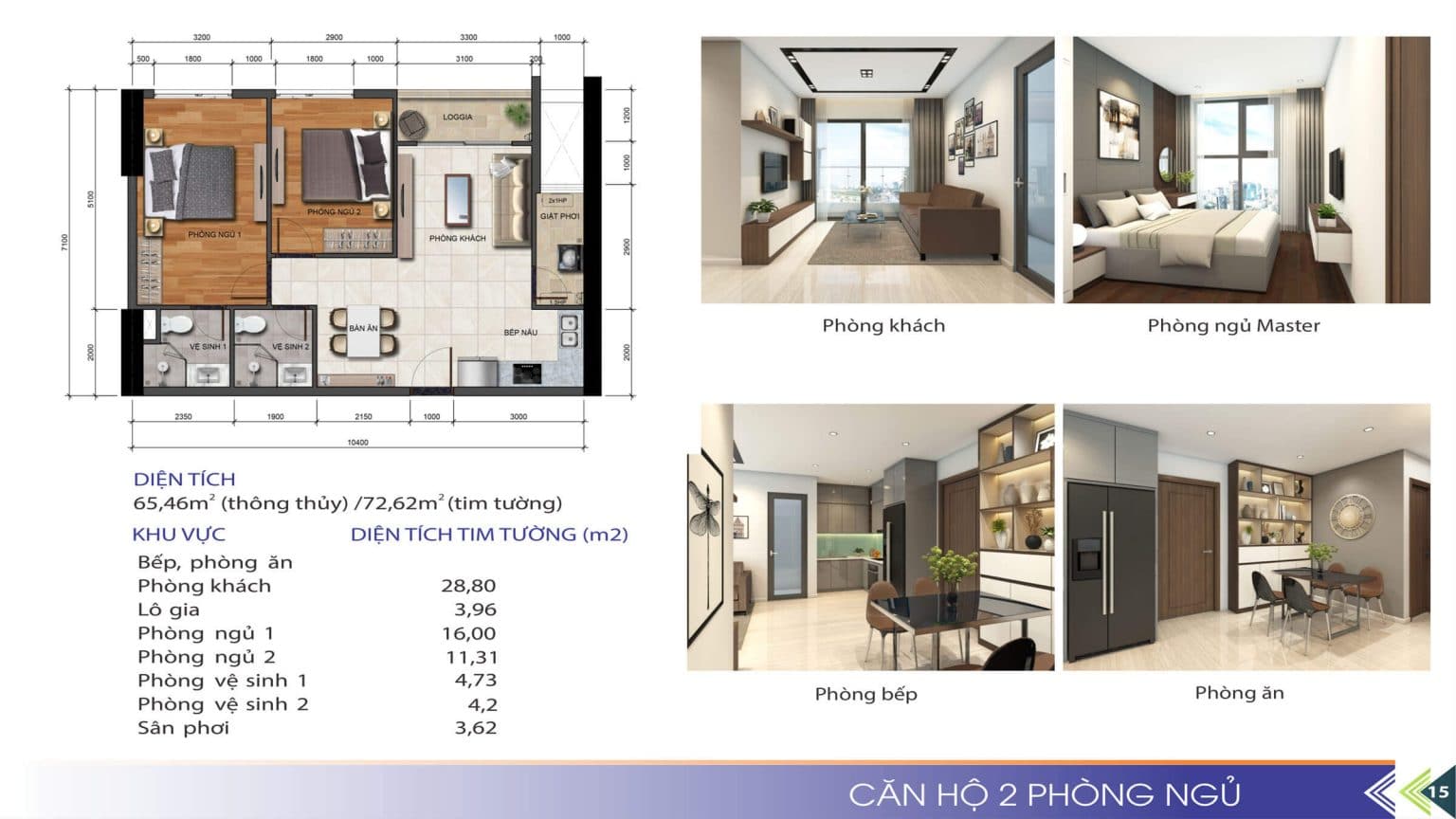 Mặt bằng căn hộ 2 phòng ngủ tại Phú Tài Residence