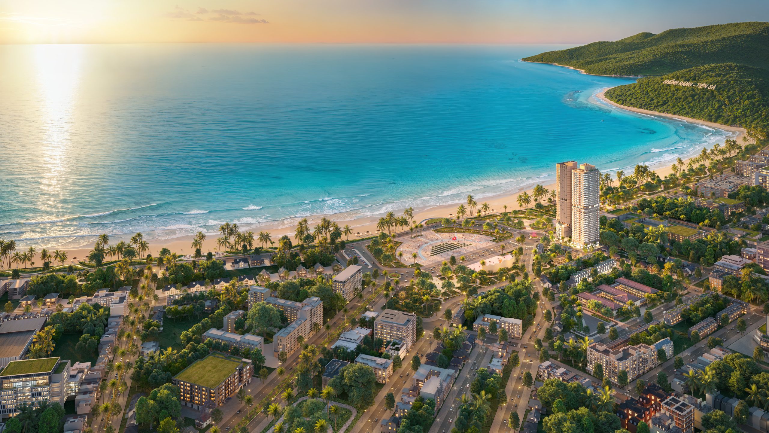 View Q'Terra Quy Nhơn — bản đồ phối cảnh tổng thể 4 hướng cảnh quan: biển, quảng trường, đầm Thị Nại và núi Vũng Chua
