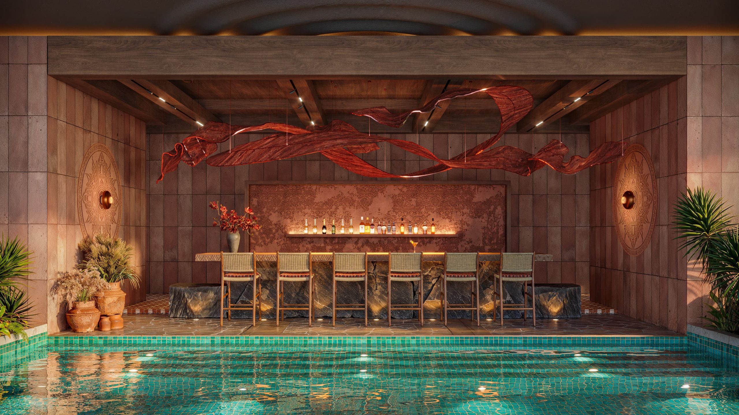 Sky pool bar tầng 21 Q'Terra Quy Nhơn — không gian gia đình buổi chiều bên hồ bơi vô cực