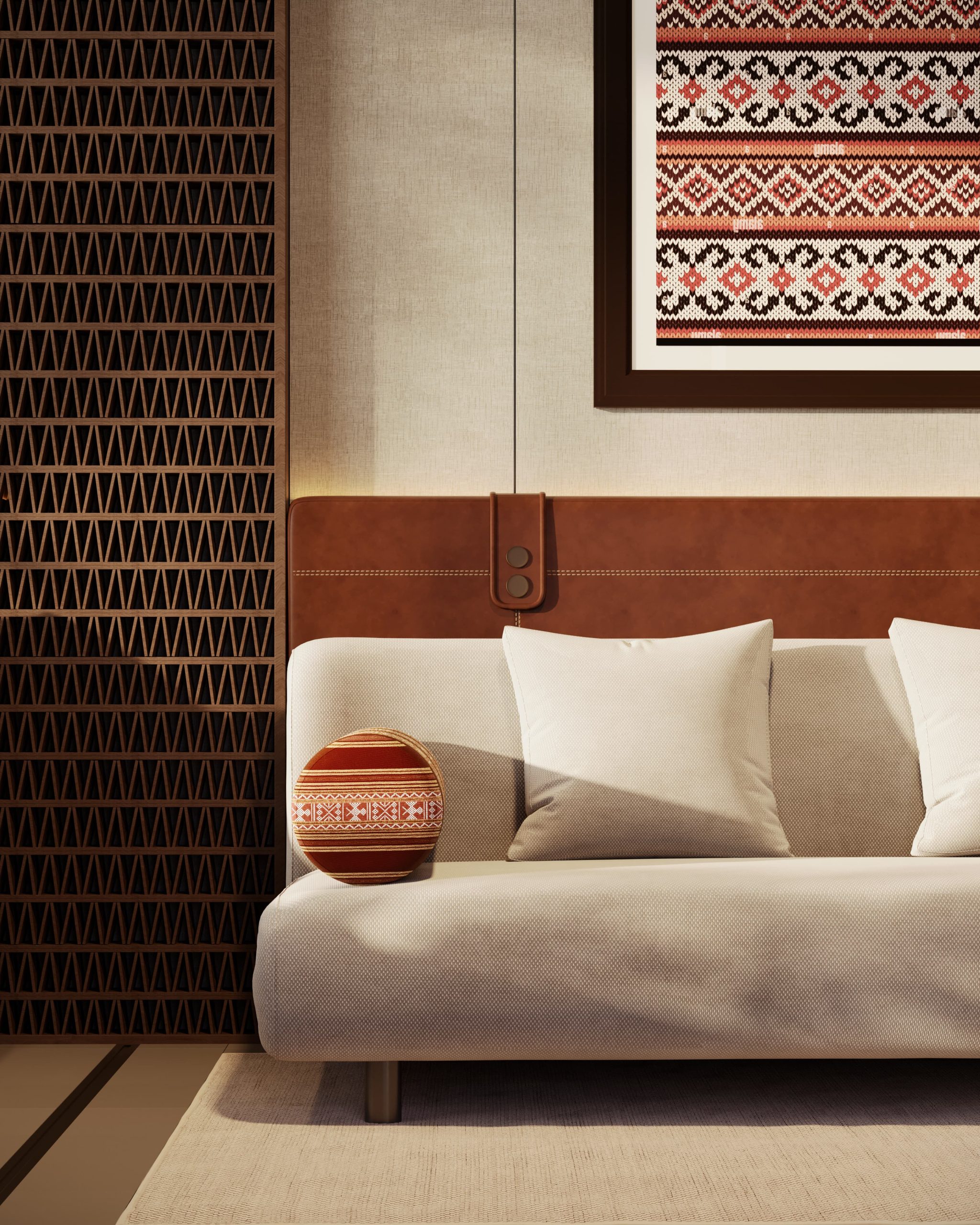 Sofa bed và hệ kệ treo mở trong Studio F Q'Terra