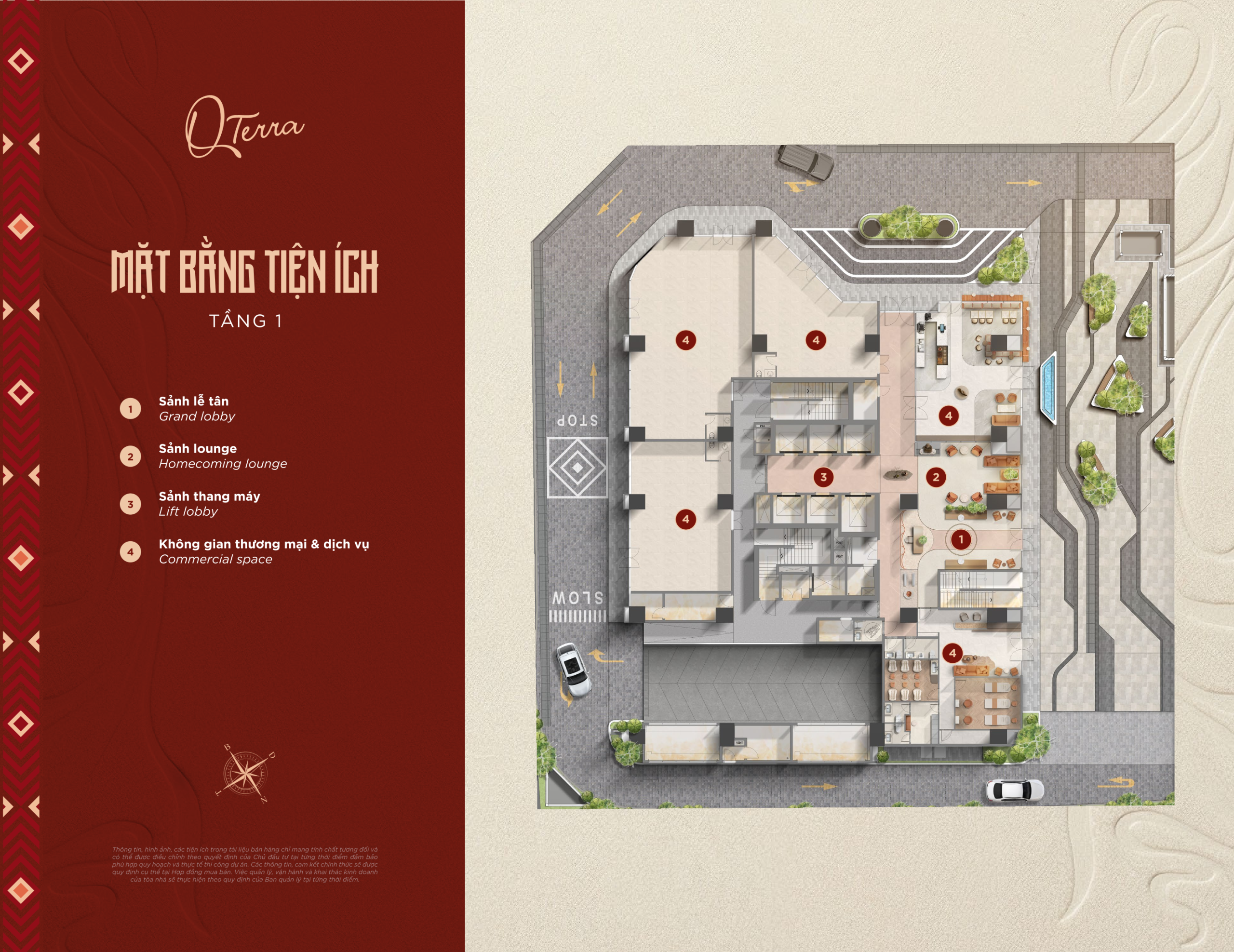 Tiện ích Q'Terra Quy Nhơn tầng 1 — mặt bằng sảnh lễ tân, homecoming lounge và không gian thương mại dịch vụ