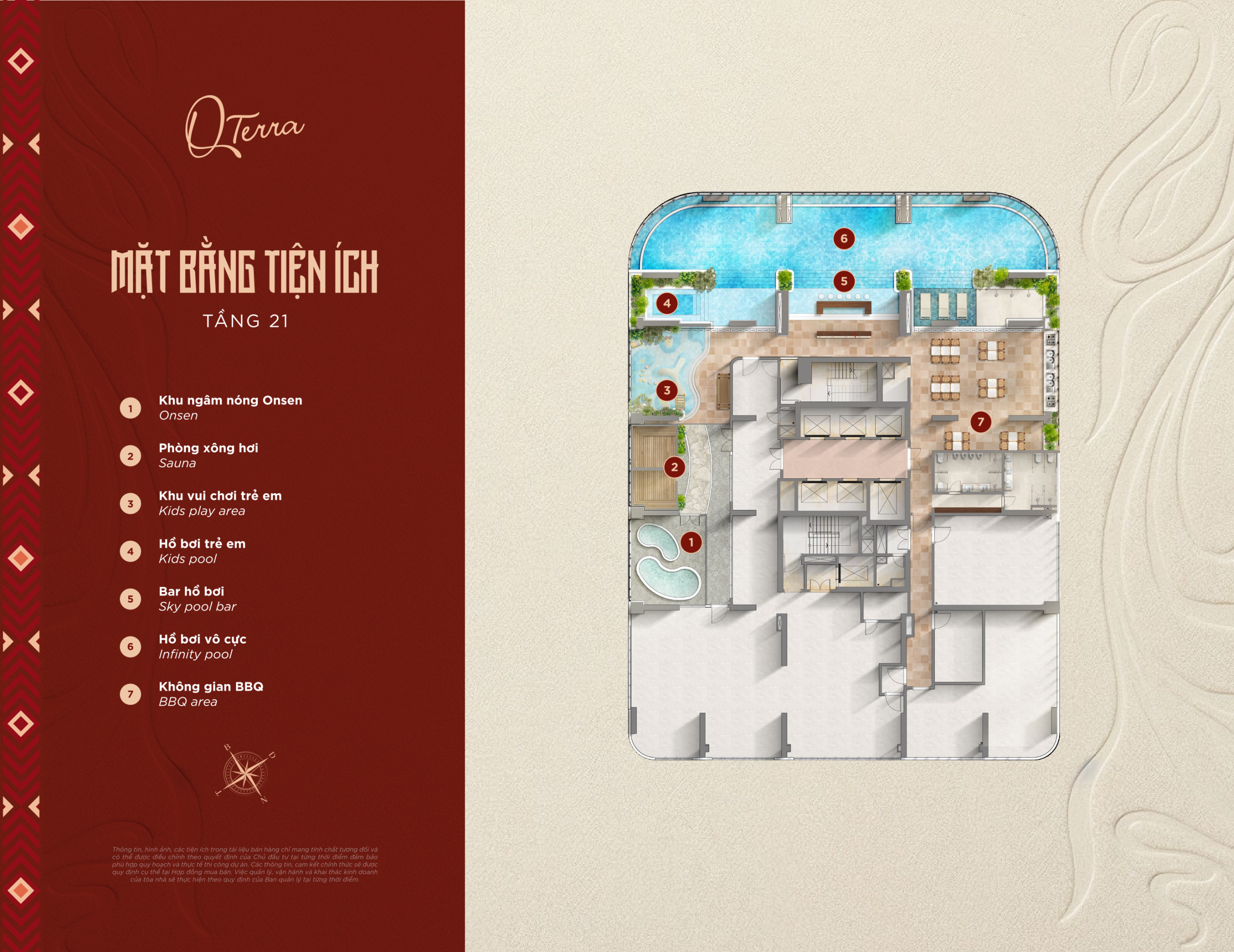 Tiện ích Q'Terra Quy Nhơn tầng 21 — mặt bằng onsen, sauna, hồ bơi vô cực, hồ bơi trẻ em, sky pool bar và khu BBQ