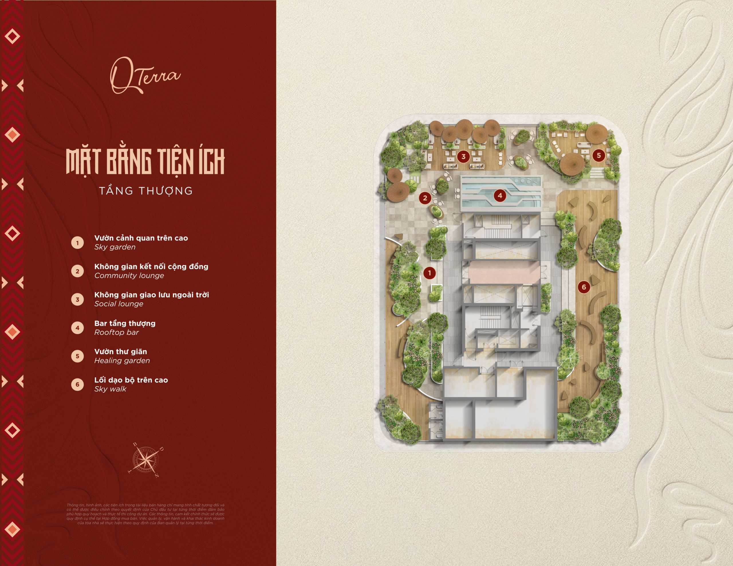 Tiện ích Q'Terra Quy Nhơn tầng thượng — mặt bằng sky garden, sky walk, healing garden, rooftop bar và các không gian lounge