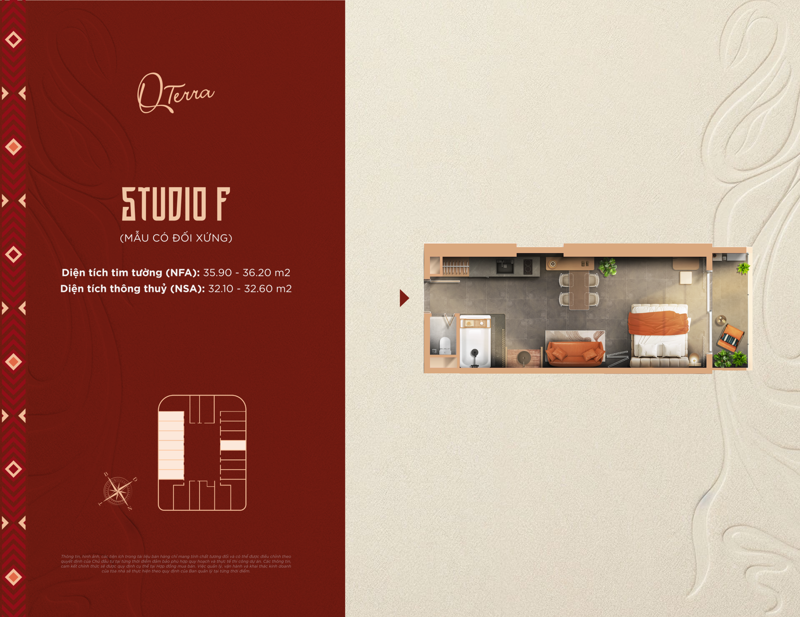 Mặt bằng tổng hợp Studio F Q'Terra — thiết kế Nhật tối ưu 6 người trong 38m²