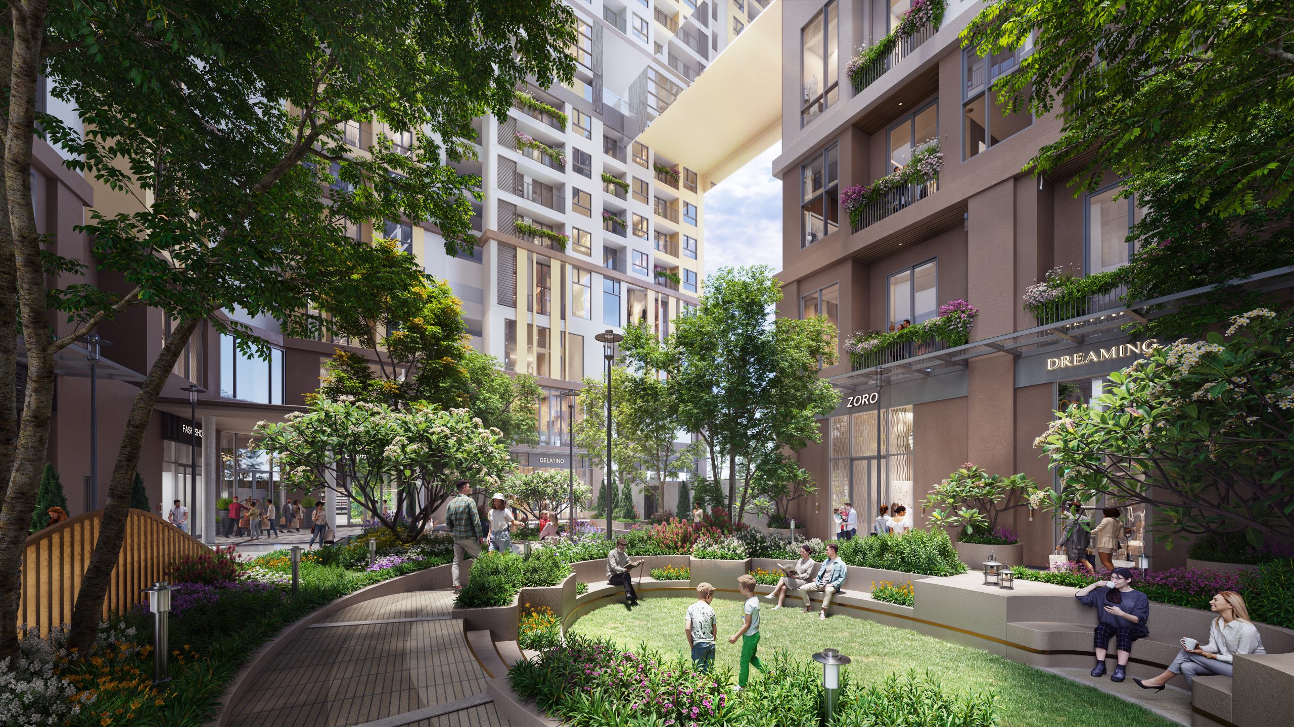 Công viên nội khu Simona Heights — mảng xanh mặt đất giữa trung tâm