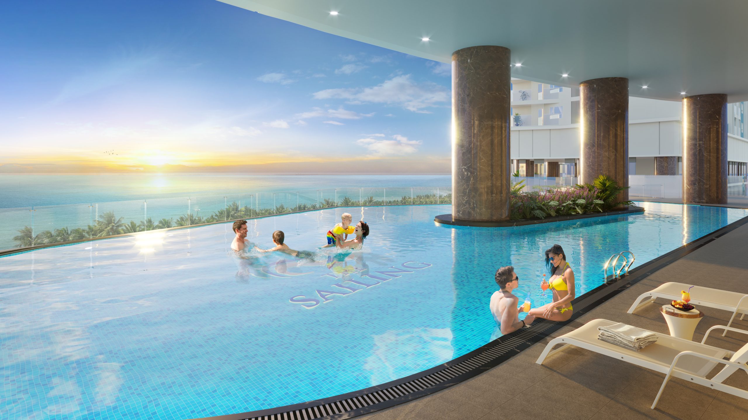 Hồ bơi tràn bờ 920m² tại tầng 5 tòa B The Sailing