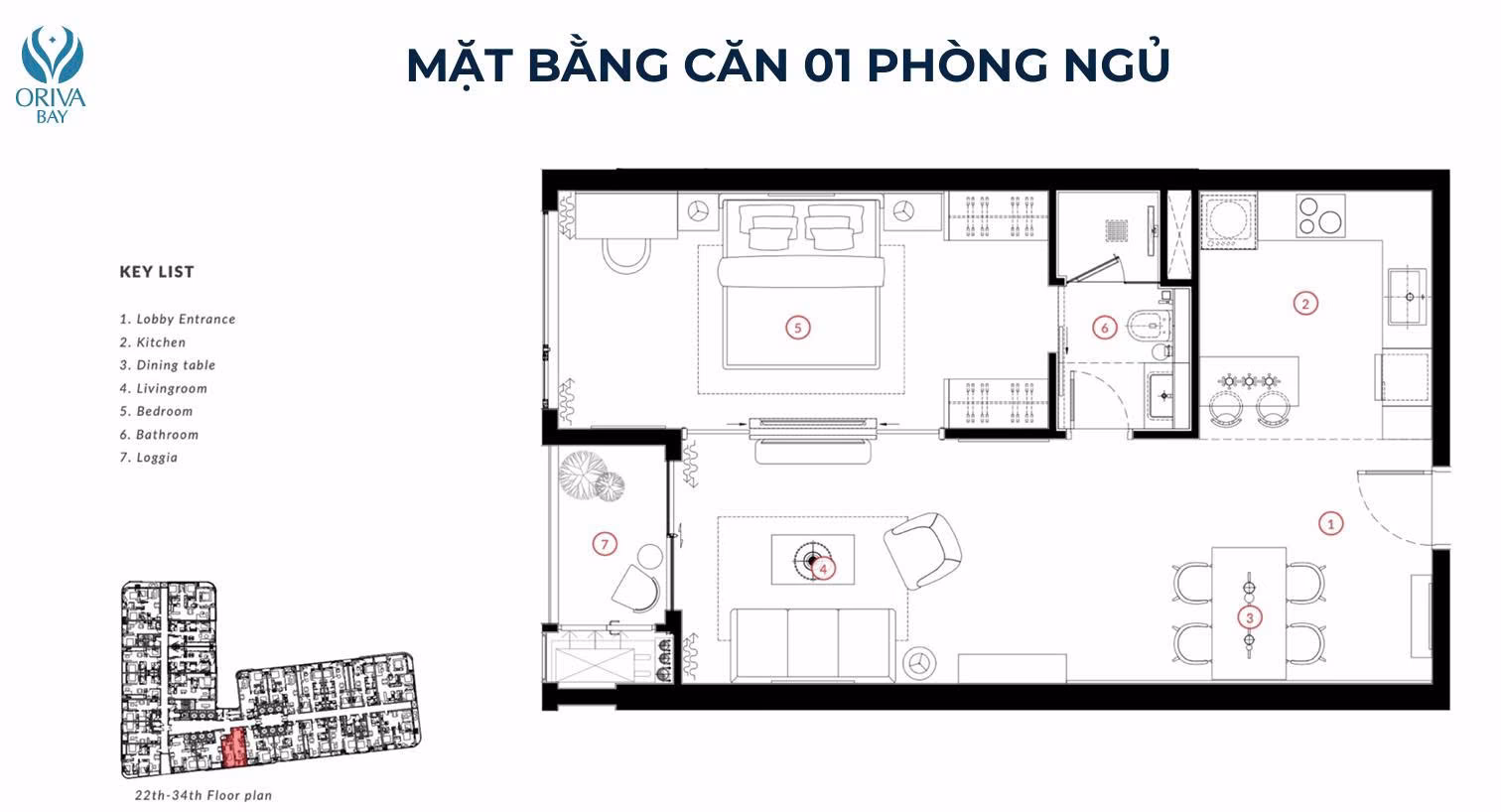 Mặt bằng căn hộ 1 phòng ngủ Oriva Bay Quy Nhơn