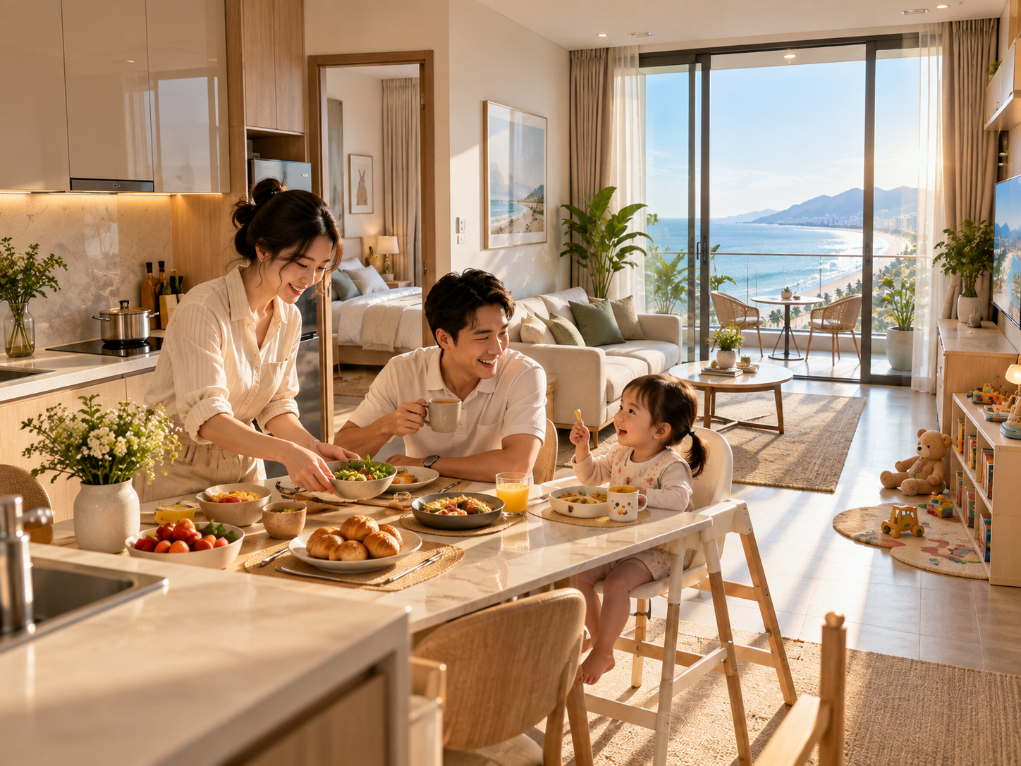 Gia đình trẻ Neo-Urbanites dùng bữa sáng tại căn hộ 2PN Luvista Quy Nhơn ven biển