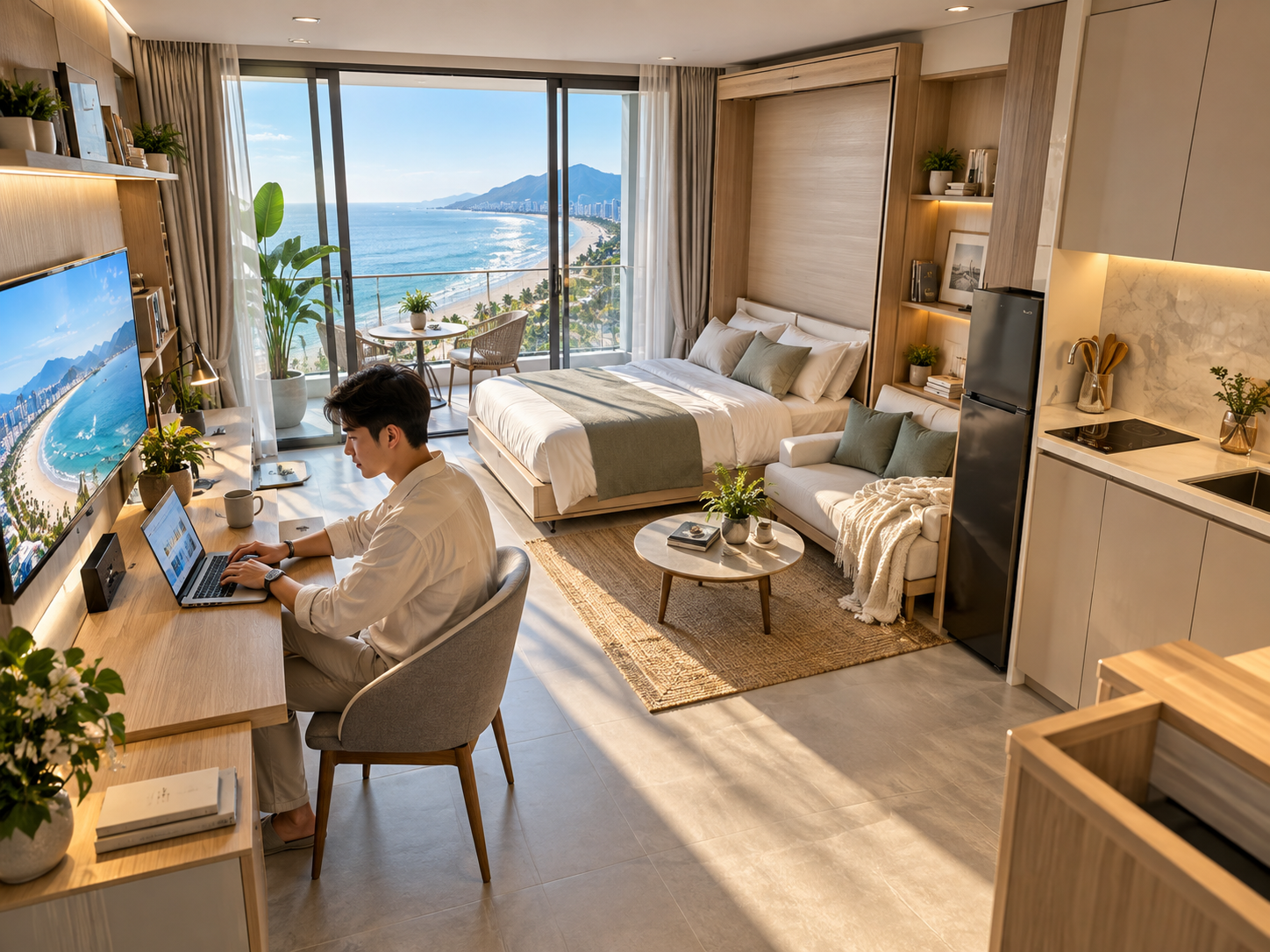 Chuyên gia công nghệ làm việc từ xa tại căn hộ Studio Luvista Quy Nhơn ven biển