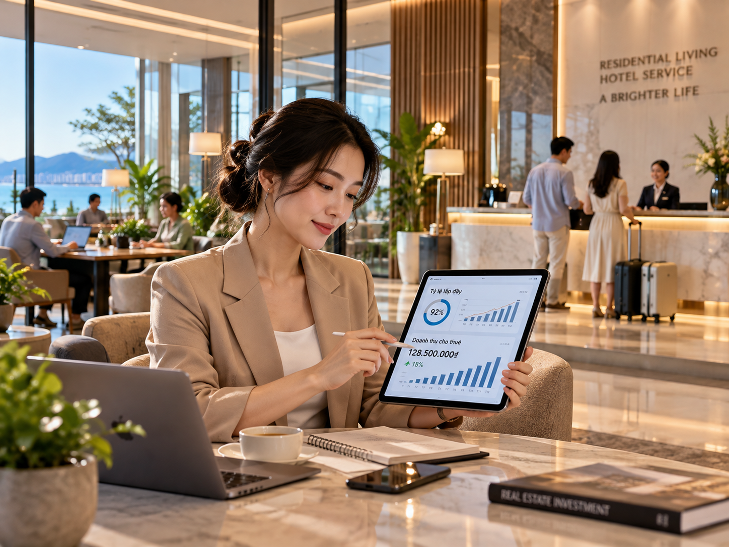 Nhà đầu tư theo dõi hiệu suất cho thuê căn hộ Luvista Quy Nhơn tại sảnh dự án ven biển