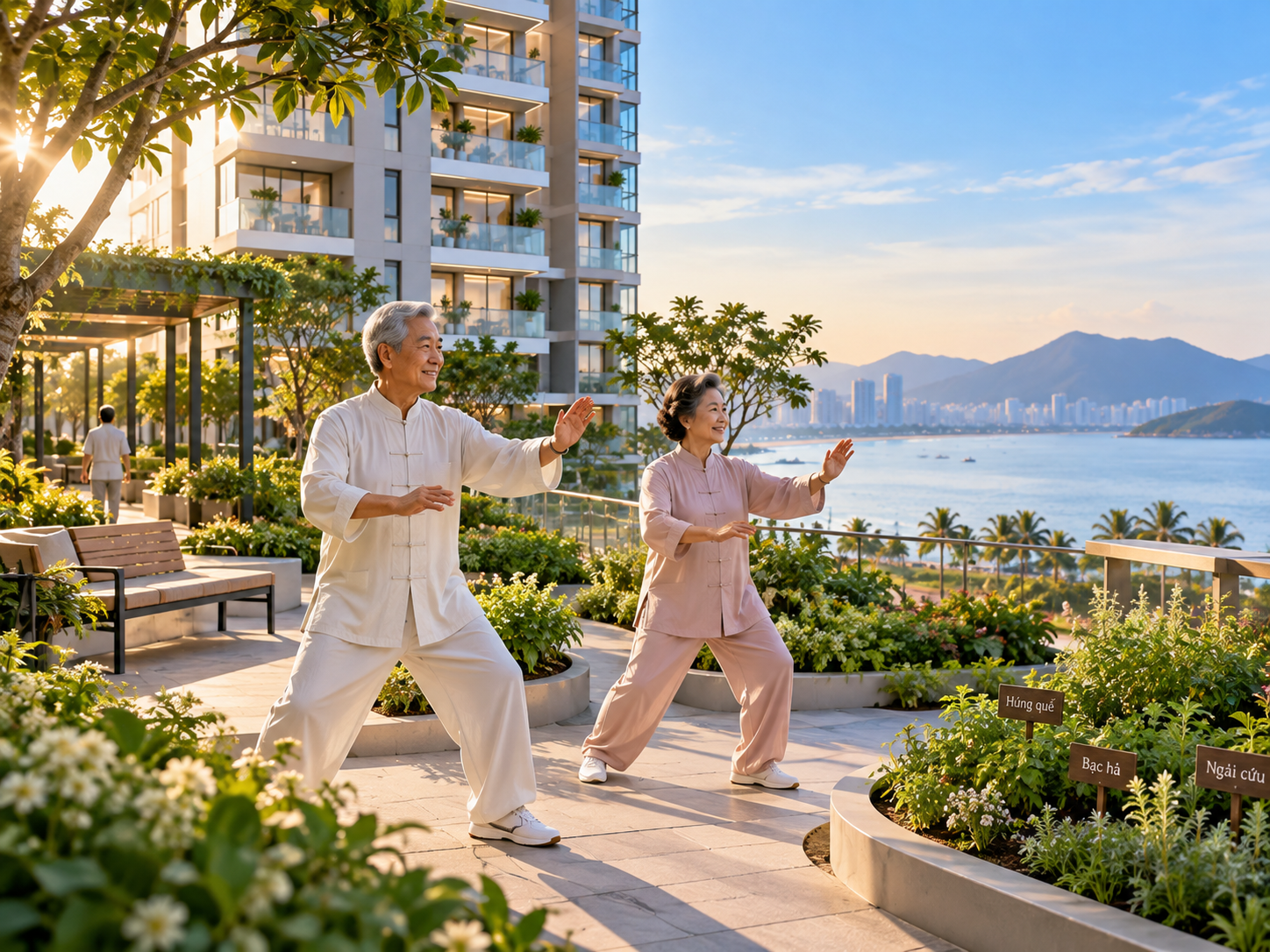 Người cao tuổi tập thái cực quyền tại khu vườn tháp Senior Living The Heritage Luvista Quy Nhơn