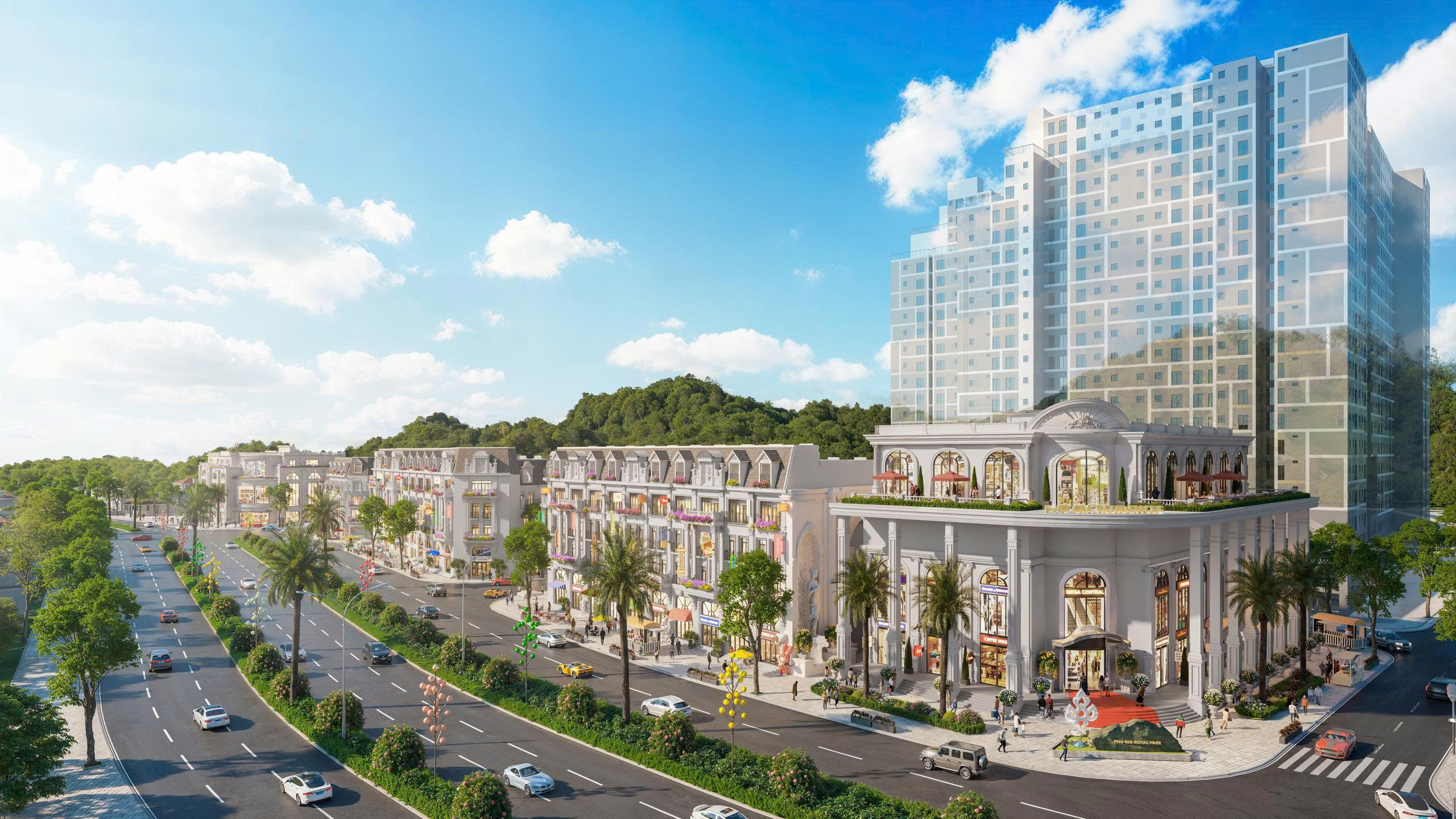 Phối cảnh Phú Gia Royal Park nhìn từ trục đường Tây Sơn với nhà liền kề tân cổ điển 4 tầng